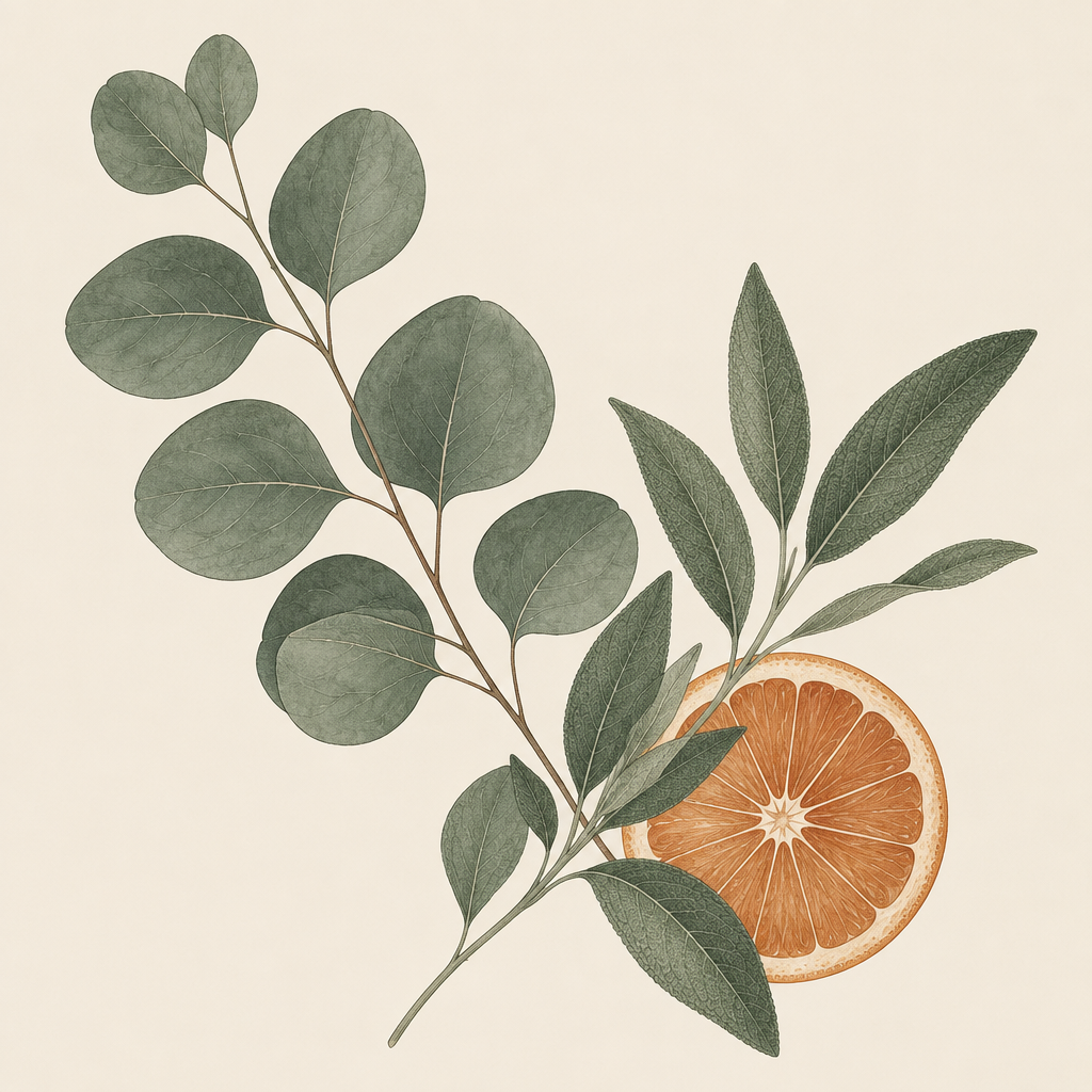 Ilustração botânica de folhas e laranja em tons de verde escuro e laranja